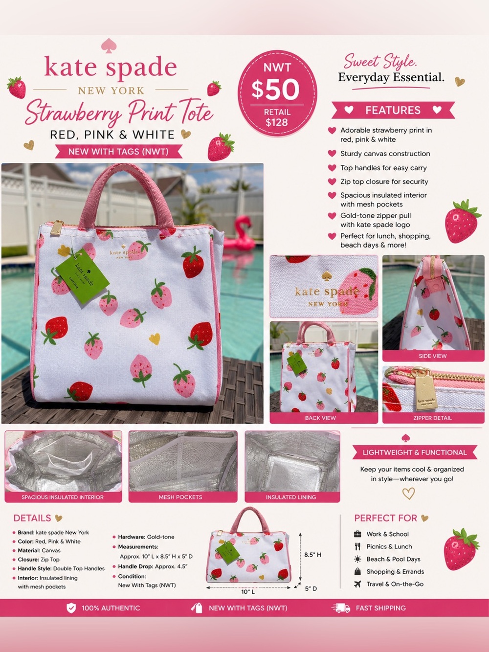 🍓 Kate Spade New York Strawberry Print Insulated Tote – NWT